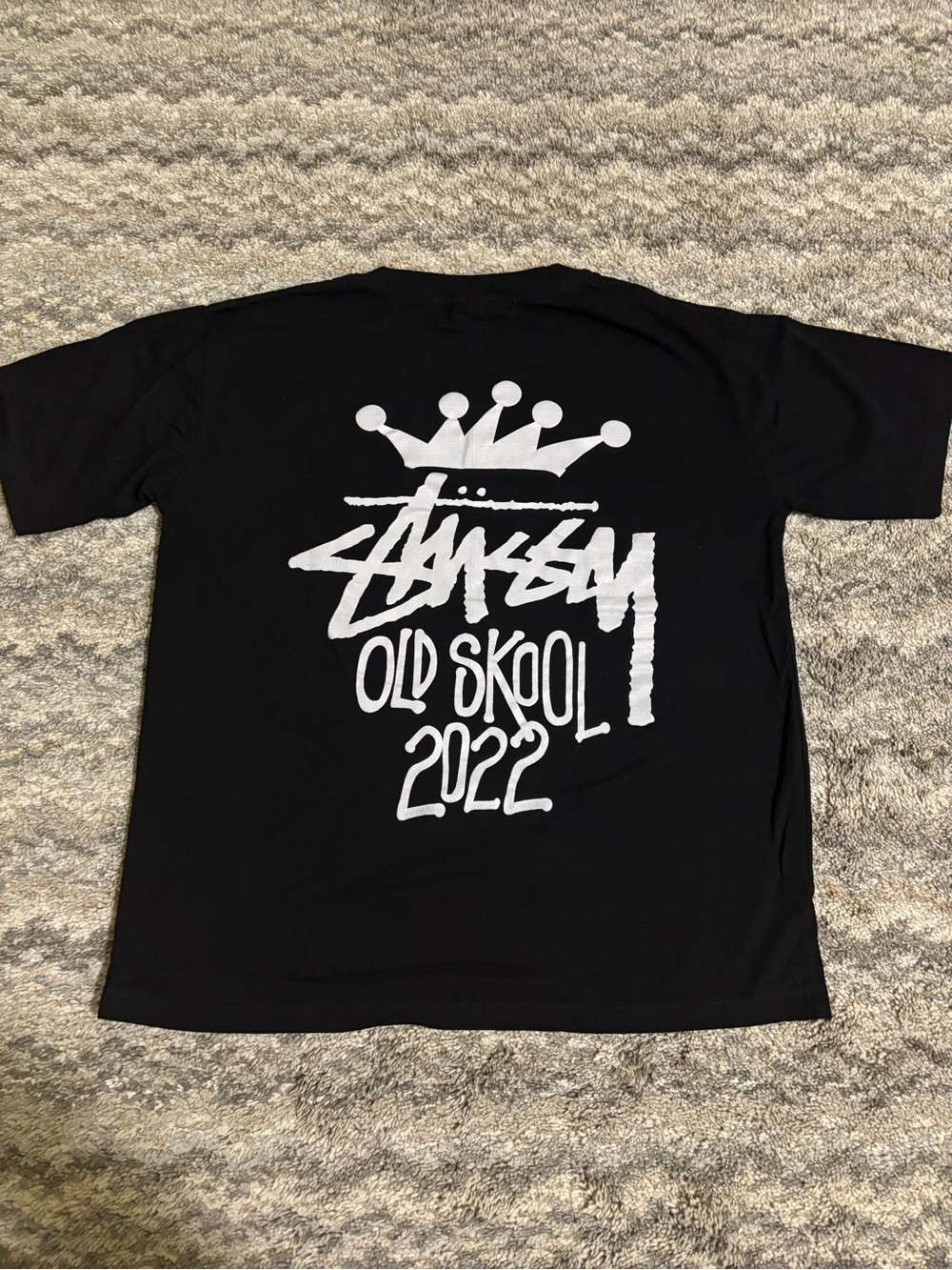 Stussy Black Tee with White 'Old Skool 2022' Crown Graphic